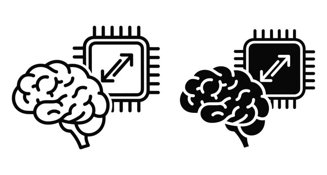 Human brain and computer chip icons representing machine learning neural networks data processing technology and cognitive computing for digital interface design