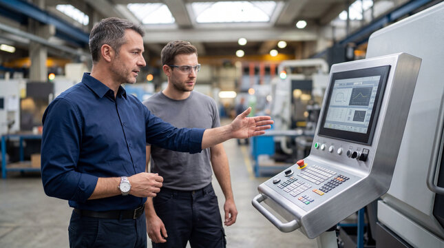 Experienced industrial manager training a younger worker and pointing at a machine control panel dashboard in a modern automated manufacturing plant