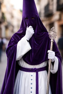 Nazareno vestido en color morado de terciopelo en Semana Santa.