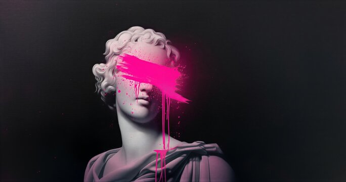 Classical statue of man with pink paint splatter across eyes. Surreal art composition combining antique Greek sculpture and modern street art style. Concept of censorship and identity.
