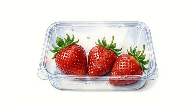 A close-up, overhead view of three fresh, ripe strawberries in a clear plastic container, ready for consumption