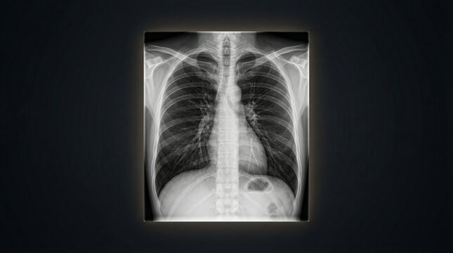 A medical X-ray image of a human chest and spine on a dark background