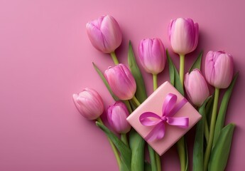 Fototapeta premium Beautiful pink tulips arranged artfully with a matching small gift box featuring a satin ribbon