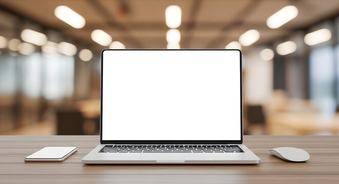A laptop with a blank white screen sitting on a wooden desk in a modern blurred office interior