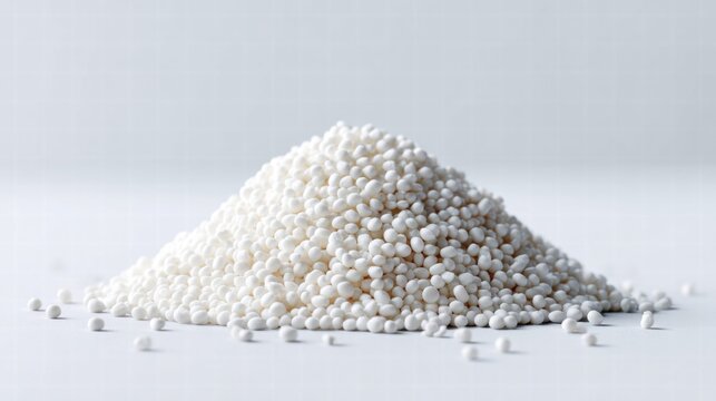 Pile of white tapioca pearls on a white surface.