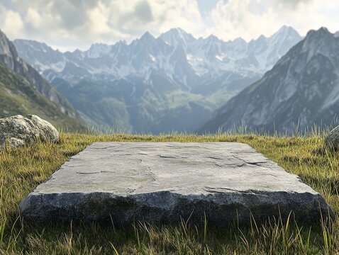 A 3D image shows a stone platform on a grassy field with mountains in the background.  It's perfect for showcasing products.

