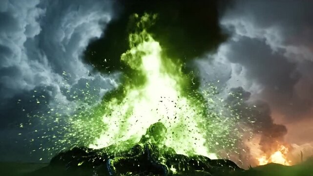 Volcanic eruption with lava and smoke.