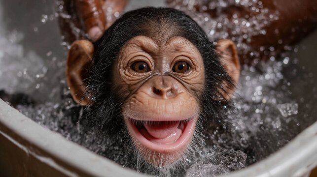 Cute baby chimpanzee laughing while bathing in a plastic basin, playful and joyful moment capturing animal innocence, hygiene, and adorable wildlife behavior.