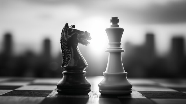 Chess king and knight facing each other on board at sunset, symbolizing strategy, competition, leadership, and tactical decision making concept.