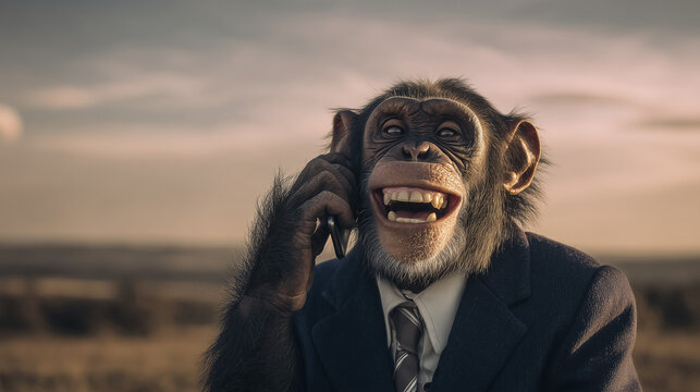 Chimpanzee in suit talking on phone outdoors, showcasing humor, business concept, and human like behavior in creative surreal lifestyle scene.