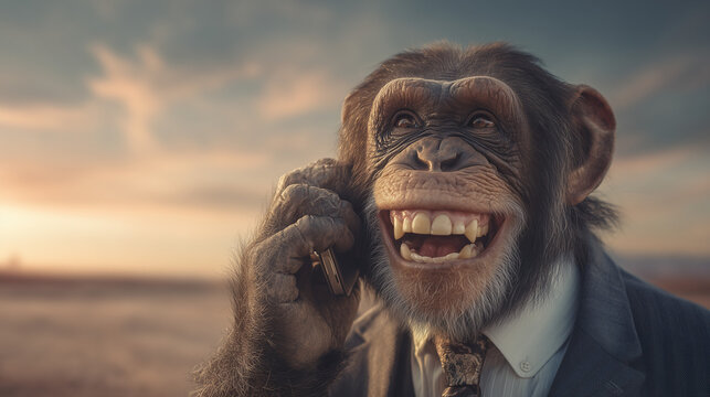 Chimpanzee in suit talking on phone outdoors, showcasing humor, business concept, and human like behavior in creative surreal lifestyle scene.