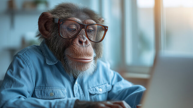 Chimpanzee wearing glasses and denim shirt in office setting, showcasing humor, intelligence, and human like character in modern workplace concept.
