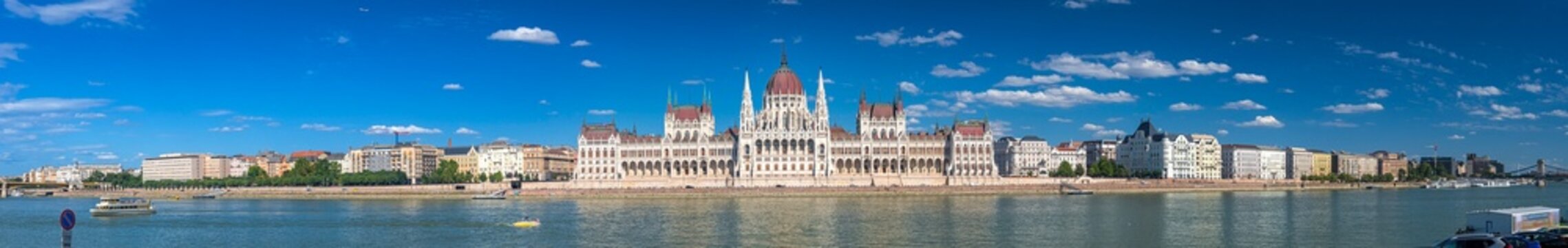Panoramic view on the Hungarian Parliament Building (Orsz&aacute;gh&aacute;z) with Danube river in Budapest, Hungary