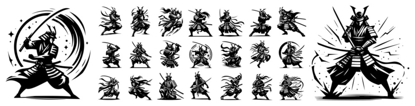 Samurai warrior silhouettes collection, Japanese ninja action poses with katana sword, martial arts fighter character set vector