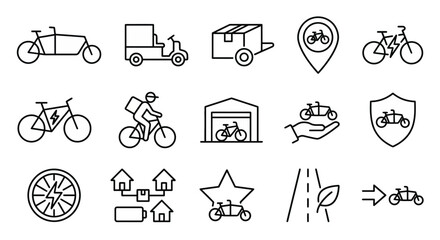 Fototapeta premium Web icons de micromobilidade de carga e logística de bairro em estilo line art. Símbolos de cargo-bikes, hubs locais e entregas zero emissões. Ultra-minimalistas para apps de delivery, smart city dash