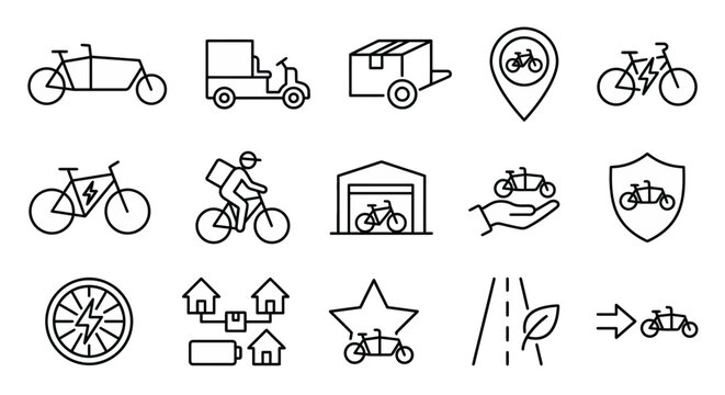 Web icons de micromobilidade de carga e log&iacute;stica de bairro em estilo line art. S&iacute;mbolos de cargo-bikes, hubs locais e entregas zero emiss&otilde;es. Ultra-minimalistas para apps de delivery, smart city dash