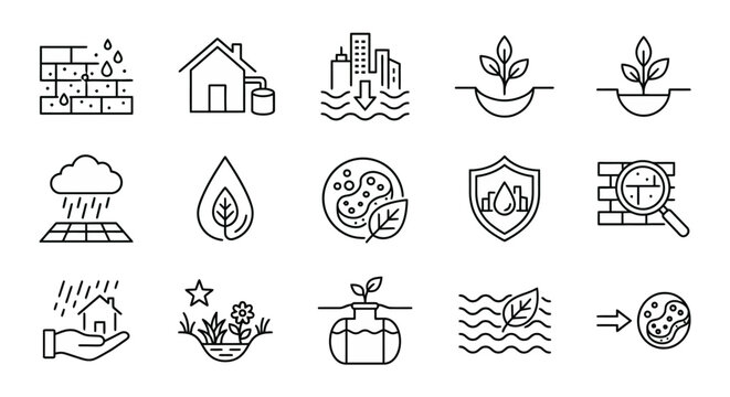 Web icons de cidades-esponja e resili&ecirc;ncia urbana em estilo line art. Cole&ccedil;&atilde;o de pavimentos perme&aacute;veis, jardins de chuva e drenagem natural. S&iacute;mbolos ultra-minimalistas para planejamento urbano, apps 