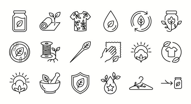 Web icons de moda regenerativa e tingimento natural em estilo line art. S&iacute;mbolos de t&ecirc;xteis bot&acirc;nicos, fibras org&acirc;nicas e pigmentos naturais. Ultra-minimalistas para e-commerce de moda &eacute;tica, workshop