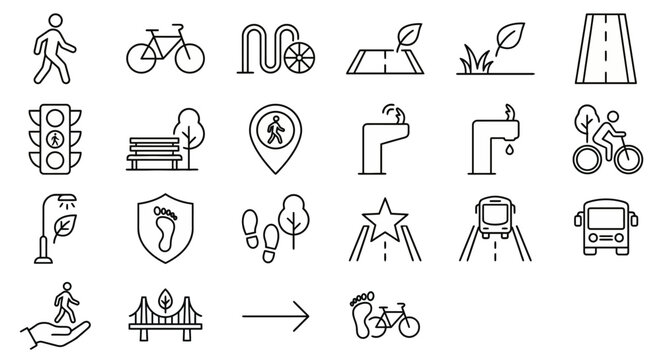 Web icons de mobilidade ativa e micro-infraestrutura em estilo line art. S&iacute;mbolos de cidades caminh&aacute;veis, seguran&ccedil;a de pedestres e infraestrutura para ciclistas. Ultra-minimalistas para apps de smart 
