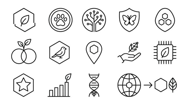 Web icons de cr&eacute;ditos de biodiversidade e tokens de natureza em estilo line art. S&iacute;mbolos de ativos digitais de conserva&ccedil;&atilde;o, eco-fintech e solu&ccedil;&otilde;es baseadas na natureza. Ultra-minimalistas para plataf