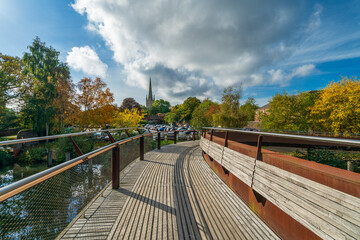 Sunny autumn day view of Norwich cathedral tower. England