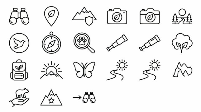 Web icons de turismo de conserva&ccedil;&atilde;o e ref&uacute;gios de vida selvagem em estilo line art. Cole&ccedil;&atilde;o de &aacute;reas protegidas, observa&ccedil;&atilde;o da natureza e eco-turismo. S&iacute;mbolos ultra-minimalistas para apps de parques 