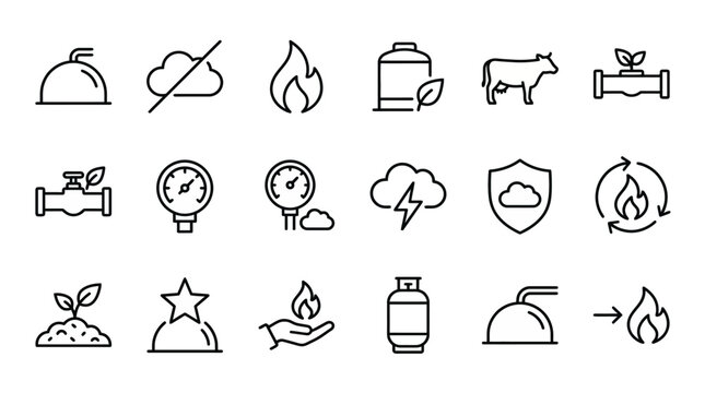 Web icons de gest&atilde;o de metano e biodigestores em estilo line art. Cole&ccedil;&atilde;o de biog&aacute;s, redu&ccedil;&atilde;o de emiss&otilde;es agr&iacute;colas e energia renov&aacute;vel. S&iacute;mbolos ultra-minimalistas para agritech, relat&oacute;rios de sustent