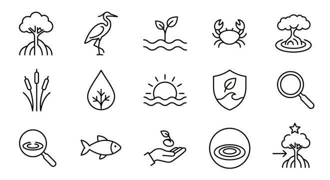 Web icons de restaura&ccedil;&atilde;o de manguezais e zonas &uacute;midas em estilo line art. Cole&ccedil;&atilde;o de carbono azul, conserva&ccedil;&atilde;o costeira e ecossistemas marinhos. S&iacute;mbolos ultra-minimalistas para ONGs ambientais, apps 