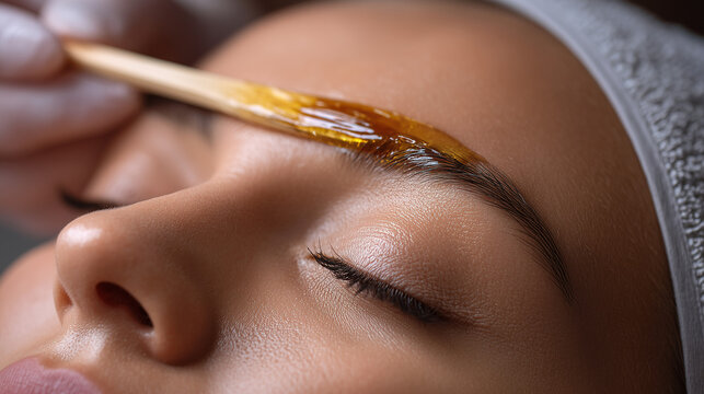 Close up of eyebrow waxing with golden wax in spa salon, showcasing precise beauty treatment, smooth skin care, and professional cosmetic procedure.