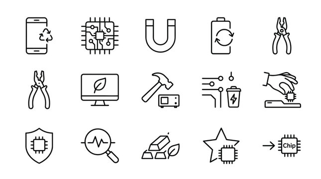 Web icons de minera&ccedil;&atilde;o urbana e reciclagem de eletr&ocirc;nicos em estilo line art. Cole&ccedil;&atilde;o de recupera&ccedil;&atilde;o de metais raros, e-waste e tecnologia circular. S&iacute;mbolos ultra-minimalistas para apps de reciclagem