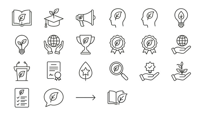 Web icons de educa&ccedil;&atilde;o ambiental e conscientiza&ccedil;&atilde;o em estilo line art. Cole&ccedil;&atilde;o de s&iacute;mbolos de mentoria verde, treinamento em sustentabilidade e consci&ecirc;ncia clim&aacute;tica. S&iacute;mbolos ultra-minimalistas para a