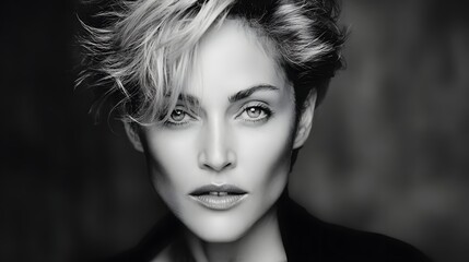 Fototapeta premium Dramatic black and white portrait of confident woman with bold makeup and edgy hairstyle
