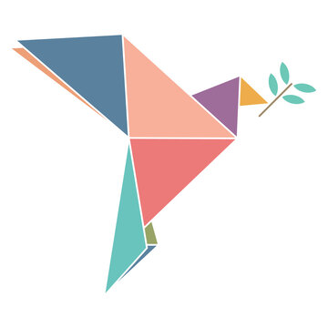 Abstract pastel origami peace dove with olive leaf symbol minimalist style isolated
