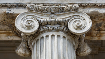 Naklejka premium Classical Ionic column capital with elegant spiral volutes, showcasing ancient Greek architecture, symmetry, and timeless design detail in a refined close up view.