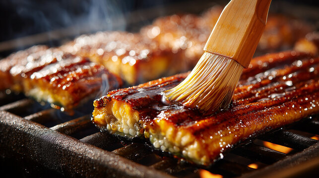 Grilled eel brushed with sauce on barbecue grill, showcasing Japanese cuisine, seafood cooking, smoky flavor, and gourmet food preparation concept.