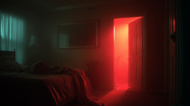 Open door glowing with red light in dark bedroom, creating eerie atmosphere, mystery, suspense, and cinematic horror concept.