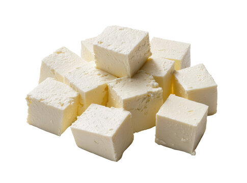 Isolated fresh white paneer or feta cheese cubes, healthy dairy food ingredient for cooking