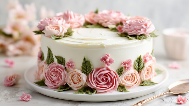 Beautiful floral cake with buttercream roses and leaves, showcasing elegant bakery design, celebration dessert, and romantic sweet presentation concept.