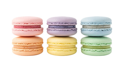 Fototapeta premium Assortment of colorful french macarons stacked in pairs showcasing pastel pink lavender sky blue peach lemon yellow and mint green hues with a clean white background and studio