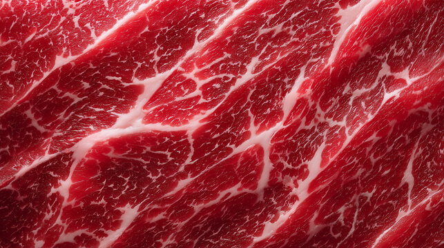 Close up of raw marbled beef texture with rich fat pattern, highlighting fresh meat quality, premium cut, and food ingredient concept.
