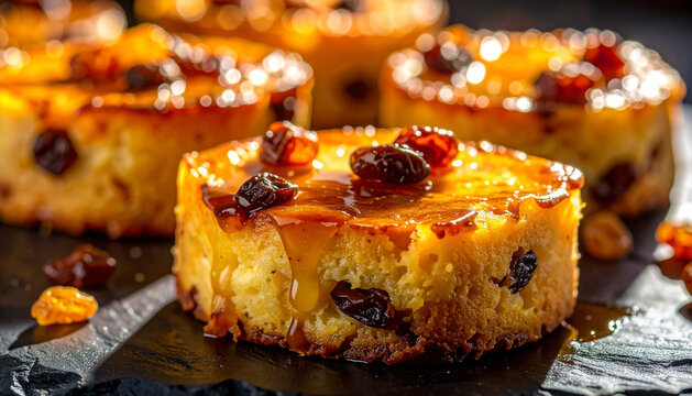 Capirotada bread pudding macro on volcanic stone