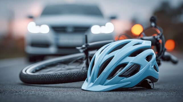 Bicycle accident scene with helmet and car headlights in the background