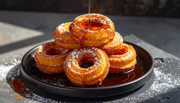 Bunuelos with piloncillo syrup on volcanic stone