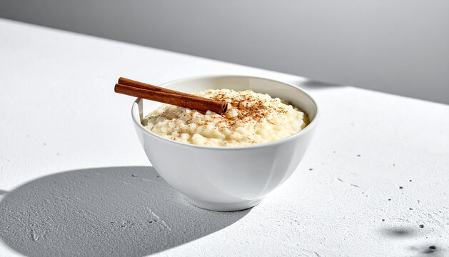 Arroz con leche with cinnamon on cement gray