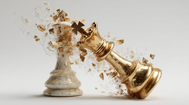 Golden chess king shattering white king, symbolizing victory, power, strategy, and competition concept in a dramatic minimalist composition.