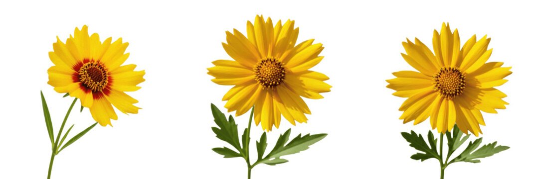 Coreopsis wildflower isolated on white background Coreopsis tinctoria tickseed yellow flower red center macro botanical specimen prairie plant studio cutout high resolution floral image
