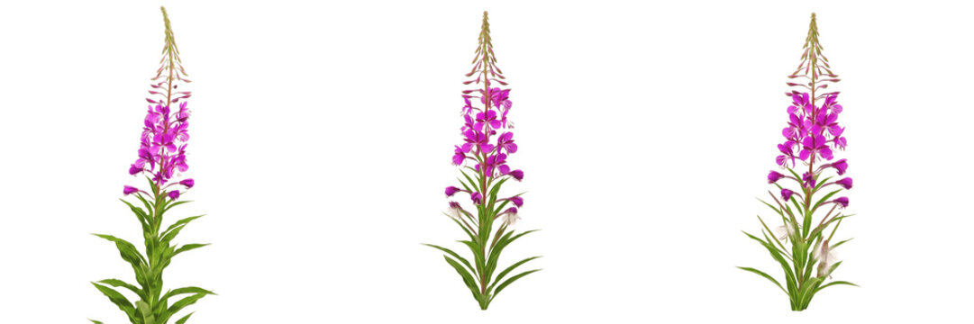 Fireweed wildflower isolated on white background Chamerion angustifolium rosebay willowherb pink spike flower macro botanical specimen alpine plant studio cutout high resolution floral image