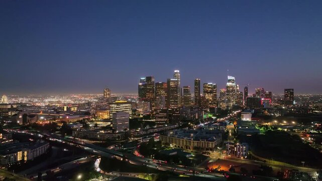 Los Angeles night timelapse. LA downtown night motion. Los Angeles city lights. LA skyline with city lights. Las Vegas night drone shot. Los Angeles night aerial motion.