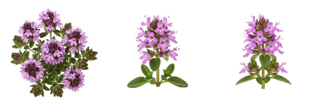 Wild thyme wildflower isolated on white background Thymus serpyllum creeping thyme purple herb flower macro botanical specimen ground cover plant studio cutout high resolution image