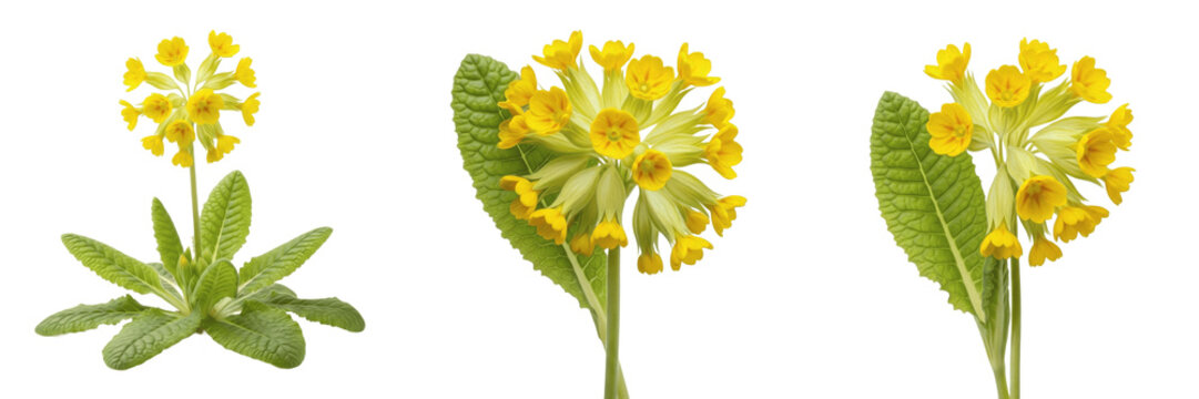 Cowslip wildflower isolated on white background Primula veris cowslip yellow nodding flowers primrose family macro botanical specimen meadow plant studio cutout high resolution image